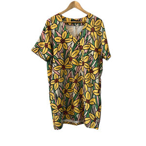ICONE Yellow Floral Print V Neck Short Sleeve Shirt Dress M